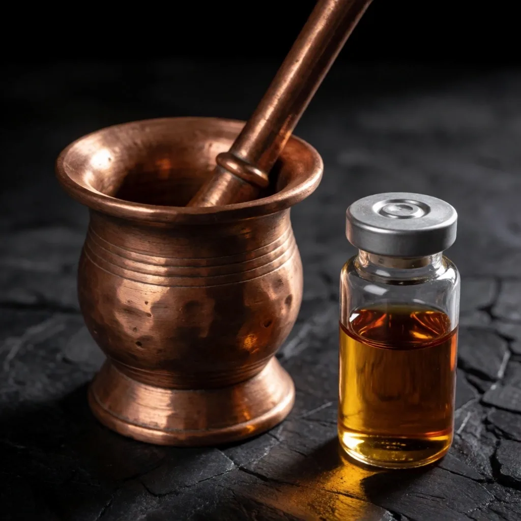 Copper laboratory tools on dark paper