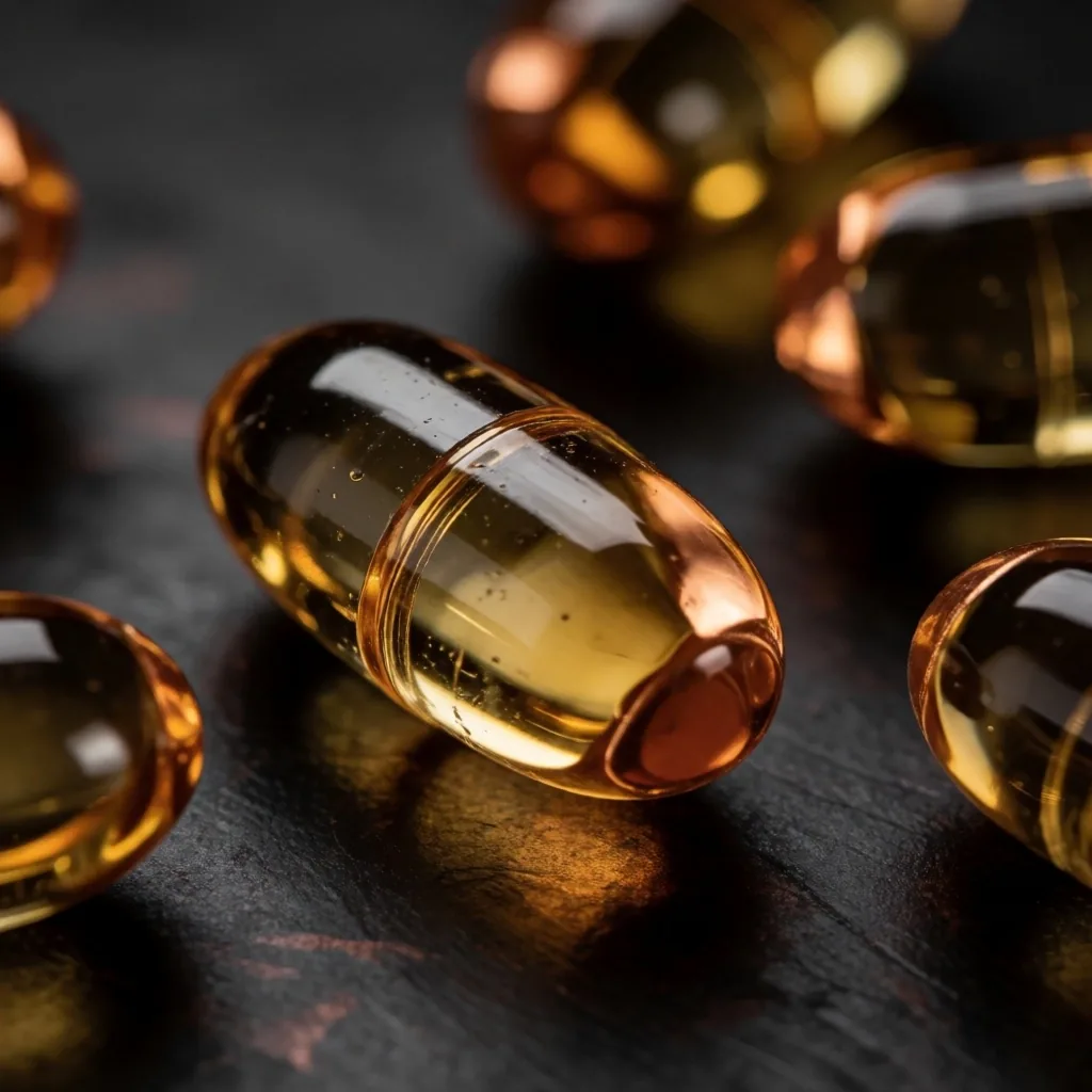 Botanical capsules resting on a copper surface