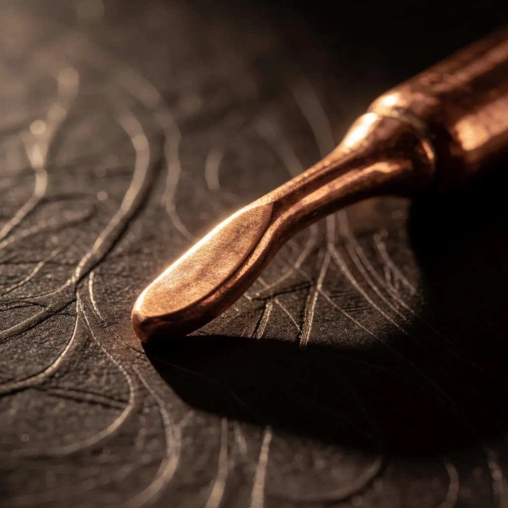 Copper laboratory tool on dark paper surface