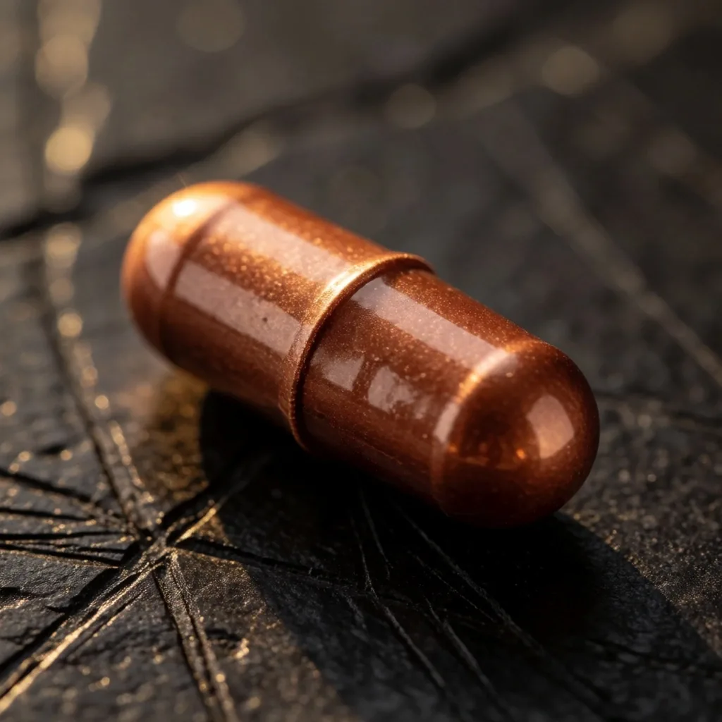 Copper-toned supplement capsule on dark textured surface