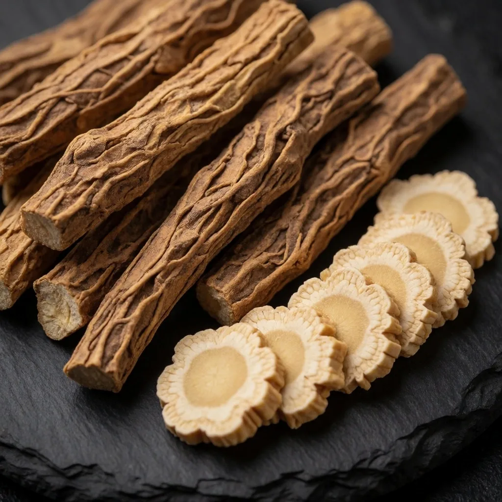 Dried botanical roots on dark laboratory surface