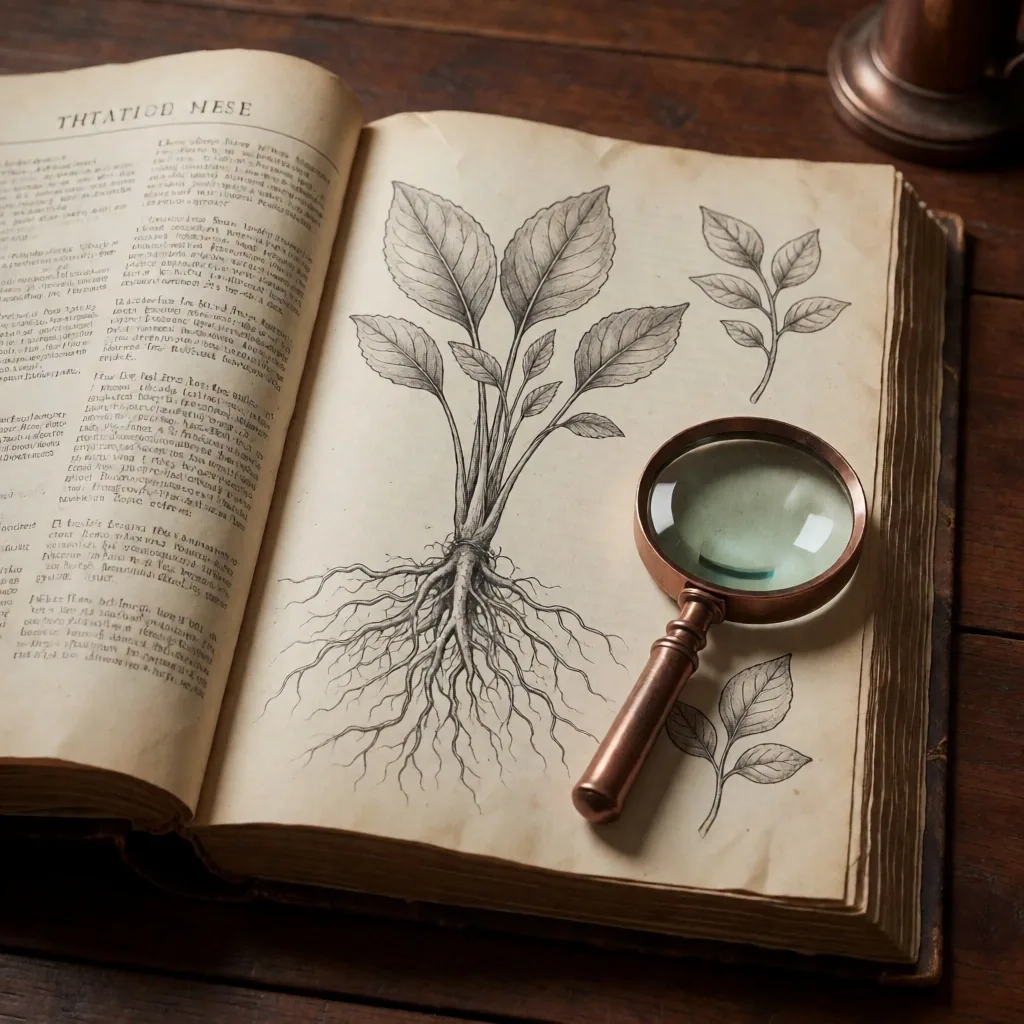 Open botanical reference book with scientific line diagrams