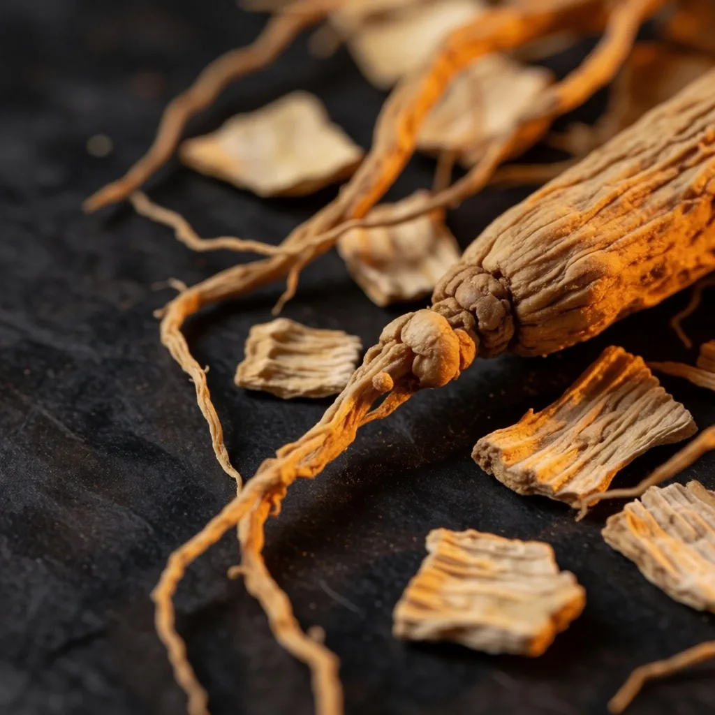 Dried botanical roots on dark slate